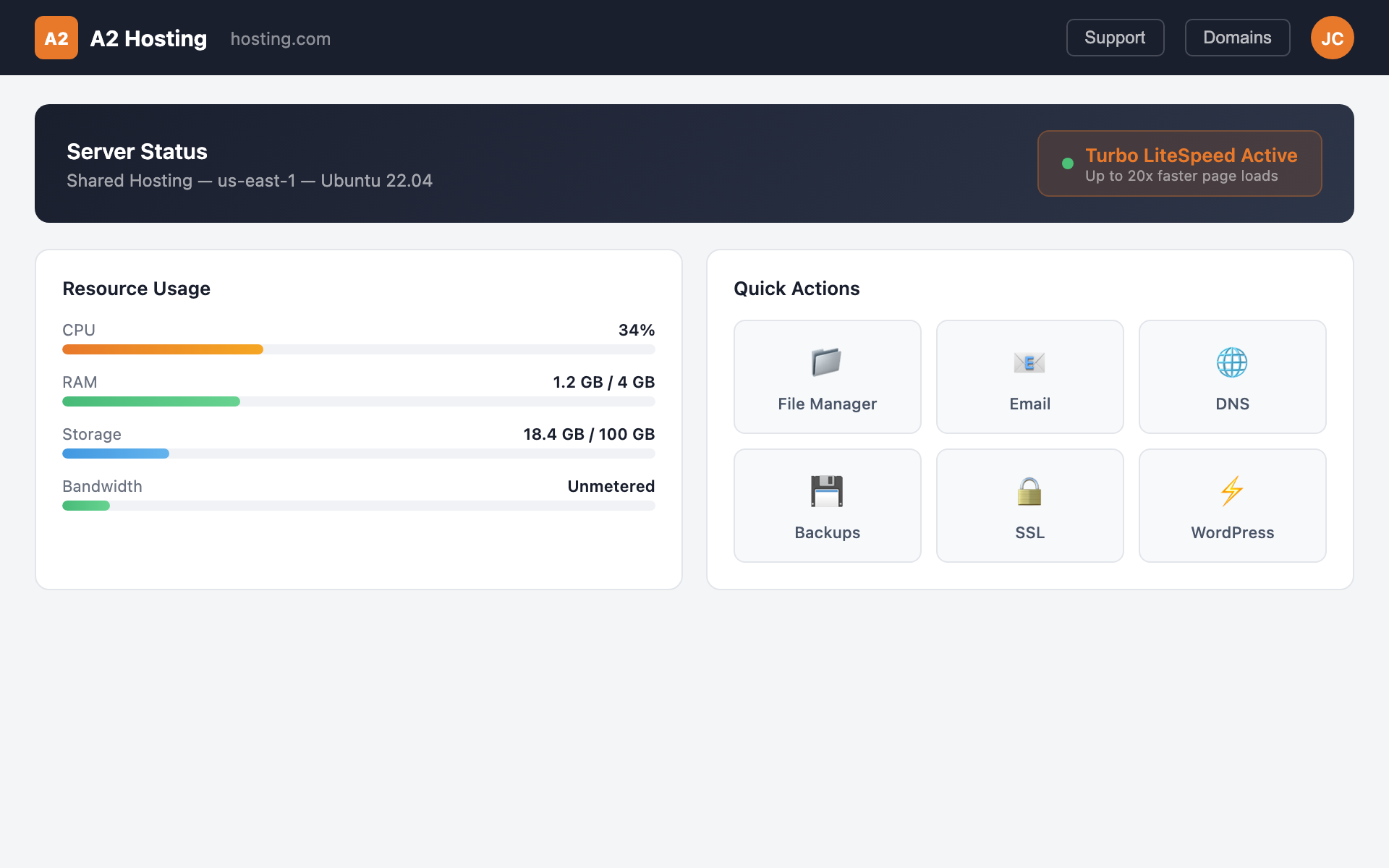 A2 Hosting dashboard interface