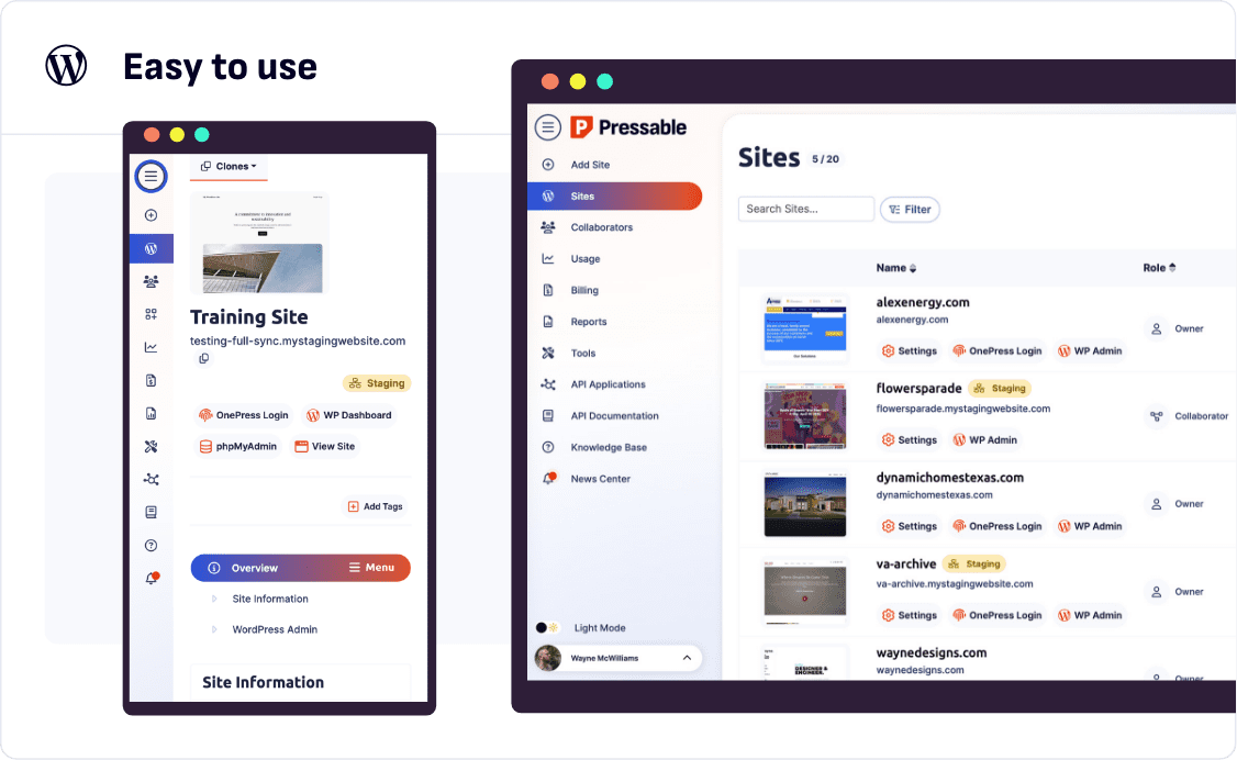 Pressable dashboard interface