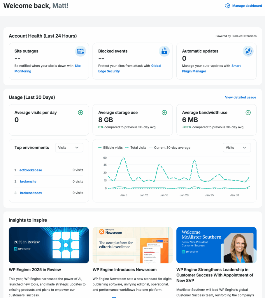 WP Engine dashboard interface